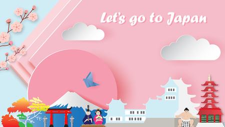 Japan travel and most famous landmarks,paper art style.のイラスト素材