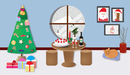 Christmas room interior with Christmas tree,dining table,presents, and a cat sleeping on the floor,paper art style.のイラスト素材