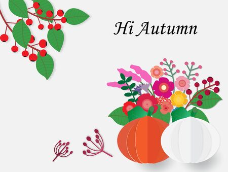 Hello autumn card  with pumpkin and bouquet,vector illustration paper art style.のイラスト素材