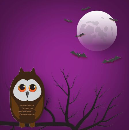 Vector illustration of Halloween night with owl sitting on dry tree.のイラスト素材