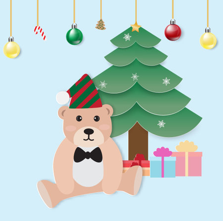 Merry Christmas and Happy New Year greeting card with teddy bear and pine tree,Christmas ball,vector illustration.のイラスト素材