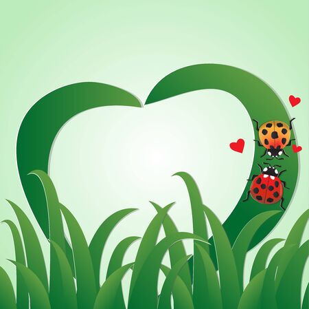 Love greeting card with two ladybugs crawl on the grass, vector illustration paper art style.のイラスト素材