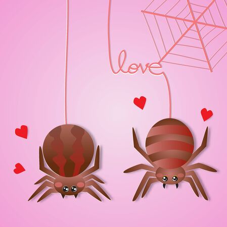 Happy Valentine's day greeting card with two spider falling in love,vector illustration paper art style.のイラスト素材