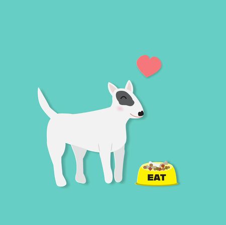 Bull terrier love to eat with food in a dog bowl and red heart, vector illustration paper art style.のイラスト素材