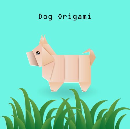 Cute dog origami and grass on green background,vector illustration paper art style.のイラスト素材