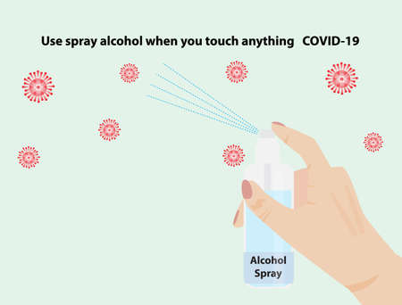 People using alcohol spray when you touch anything,Covid-19 pandemic,vector illustration.のイラスト素材