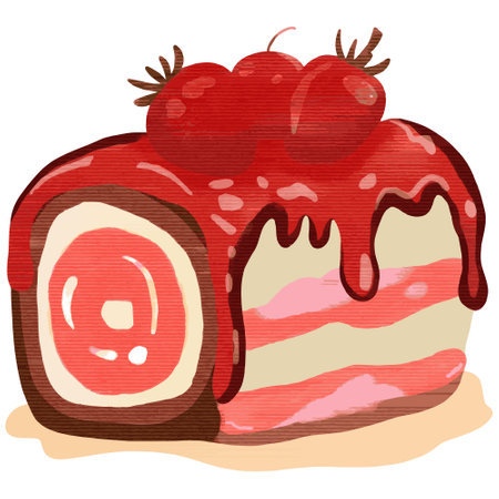 Watercolor Christmas log cake with strawberry and jam,vector illustration.のイラスト素材