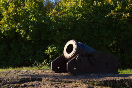 Medieval mortar cannon in the Vyborg park 2015 year