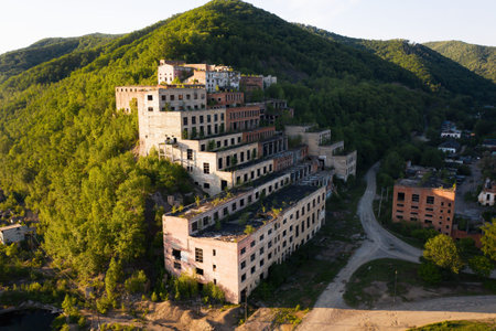 A drone view of the abandoned building of the mining and processing plant