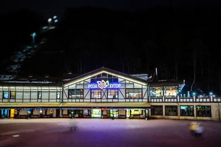 Night view of the building with the inscription RosaKhutor of Krasnaya Polyanaのeditorial素材