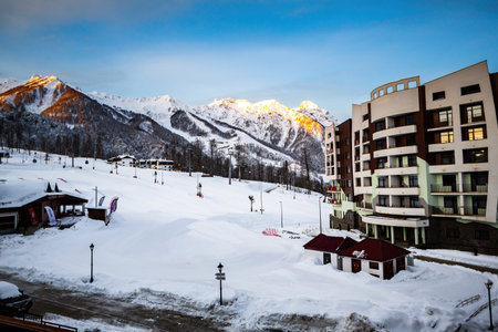 Rosa Khutor ski resort in the morning with hotels with a lens shift effectのeditorial素材