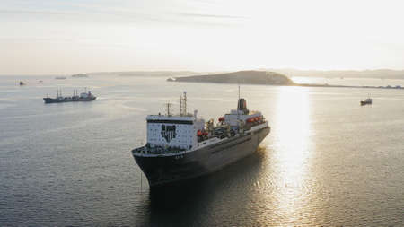 Drone view of the fish-processing vessel Tsar anchored in the Ussuri Bayのeditorial素材