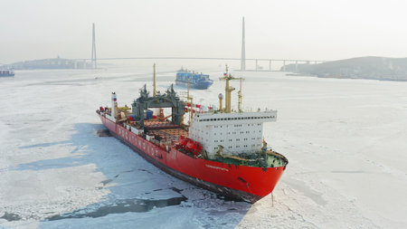 Nuclear-powered lighter carrier Sevmorput in the road at anchor in the iceのeditorial素材