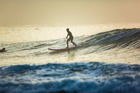 A surfer with a paddle rides on the crest of a large wave with foam at dawn