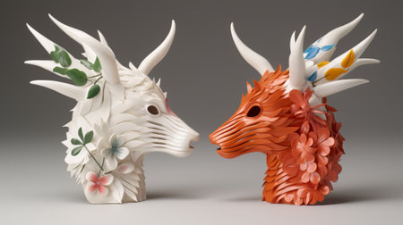 Two heads of futuristic animals with horns made of paperの素材