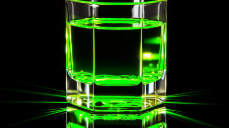 A glass of liquid illuminated in greenの素材