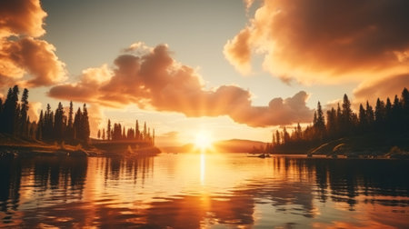 Orange sunset on lake with clouds. Immersion in the waterの素材