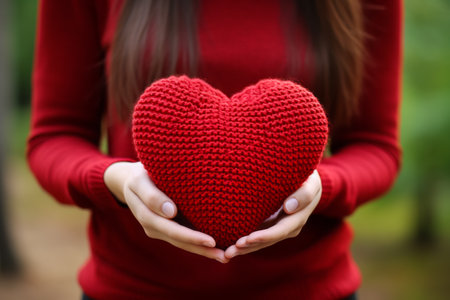 A girl holds a knitted red heart in her handsの素材