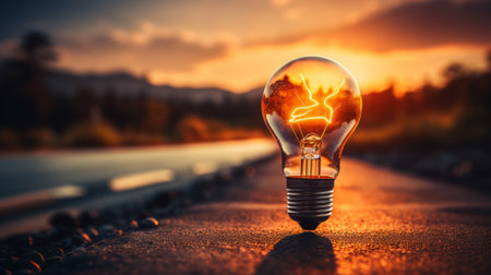 A light bulb with lightning inside against the background of the sunsetの素材