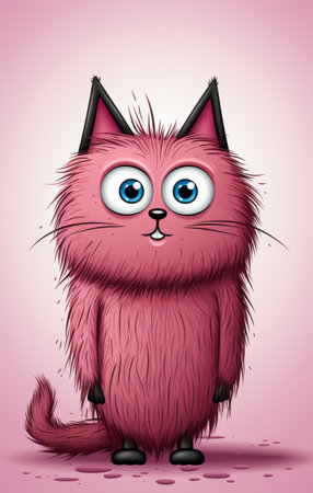 Drawn funny pink cat on a pink backgroundの素材