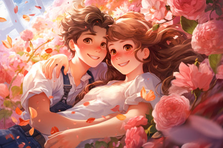 Drawing of a happy smiling young guy and girl hugging among flowersの素材
