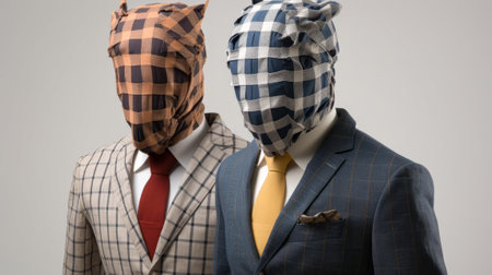 Two people in fashionable suits with bags on their headsの素材