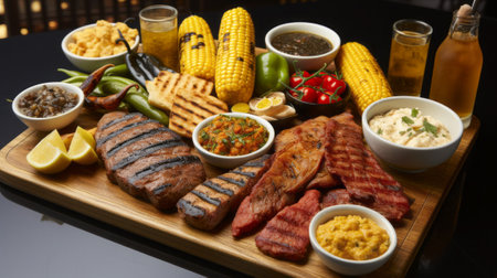 Roasted meat with corn on a wooden boardの素材