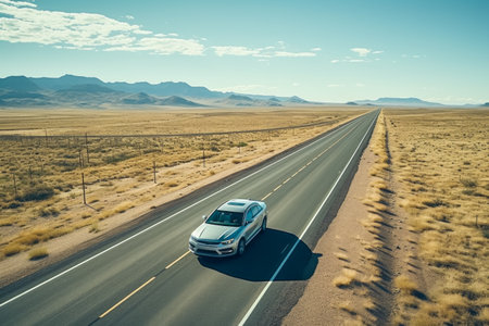 The car drives along the road in the desert and mountainsの素材