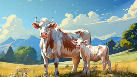 Drawing of a cow and calf on the lawn against the backdrop of mountains and blue skyの素材