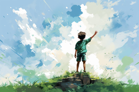 Drawing of a boy standing with his back and waving somewhere into the distanceの素材
