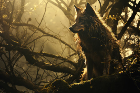 A wolf sits on a tree in the forest. solar lightの写真素材