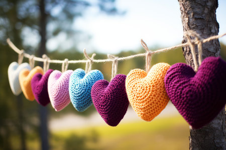 Crocheted hearts are dangling from a tree, creating a charming sightの写真素材