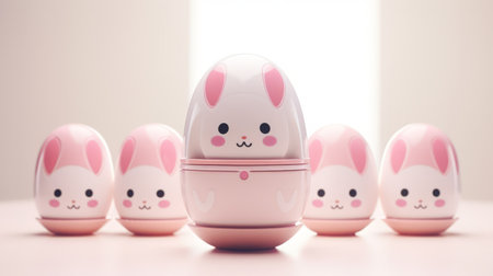 On the table are pink and white dolls with bunny facesの写真素材