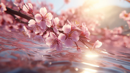 A close up of a cherry blossom tree branch immersed in waterの写真素材