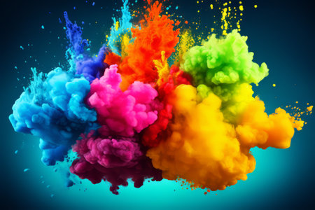 Colorful smoke emitting from a bottle, set against a blue backgroundの写真素材