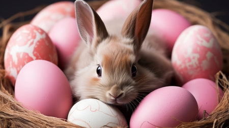 A cute little bunny is perched in a basket filled with pretty pink Easter eggsの写真素材