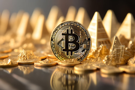 A bitcoin coin is placed atop a stack of golden coinsの写真素材