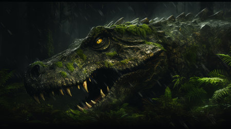 Crocodile with open mouth in jungle showing fangs and reptilian featuresの写真素材