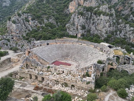 Aerial view of grand roman theater of Myra among cliffs in Demre, Turkey