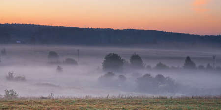 Morning in a gently sloping misty valley, in the foreground a field, fog stripes, a pink dawn sky, panoramic photo, Russia, Moscow regionの写真素材