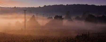 Misty dawn, the countryside, wires on poles form a line, the end of summerの写真素材