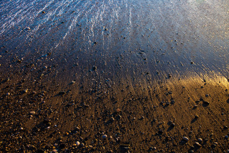 Golden sand and stones, wet from the departing wave, seashore