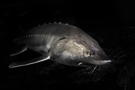 large sturgeon fish kaluga, muzzle forward at the bottom in the depth from the Amur River.