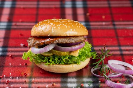 beef burger with cheese, fresh tomatoes and cucumber, onions. sesame seed bunの写真素材