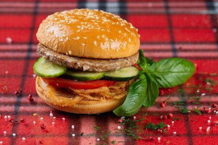 beef burger with cheese, fresh tomatoes and cucumber, onions. sesame seed bunの写真素材