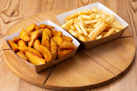french fries with ketchup and ketchup.french fries on a wooden board