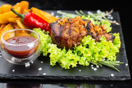 grilled beef steak with potato wedges ketchup and red pepperの写真素材