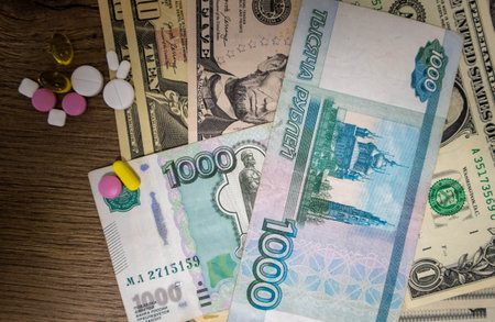 <p>dollars and rubles for medicines</p>の写真素材