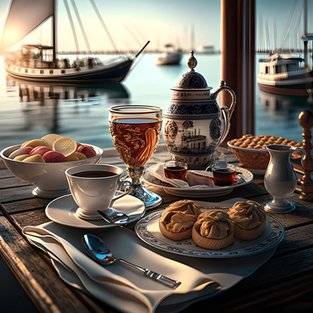 Tea set on a wooden deck by the sea in the evening.の素材