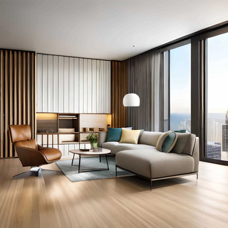 Modern living room interior with sofa and coffee table. 3d rendering. created with the help of artificial intelligenceの素材